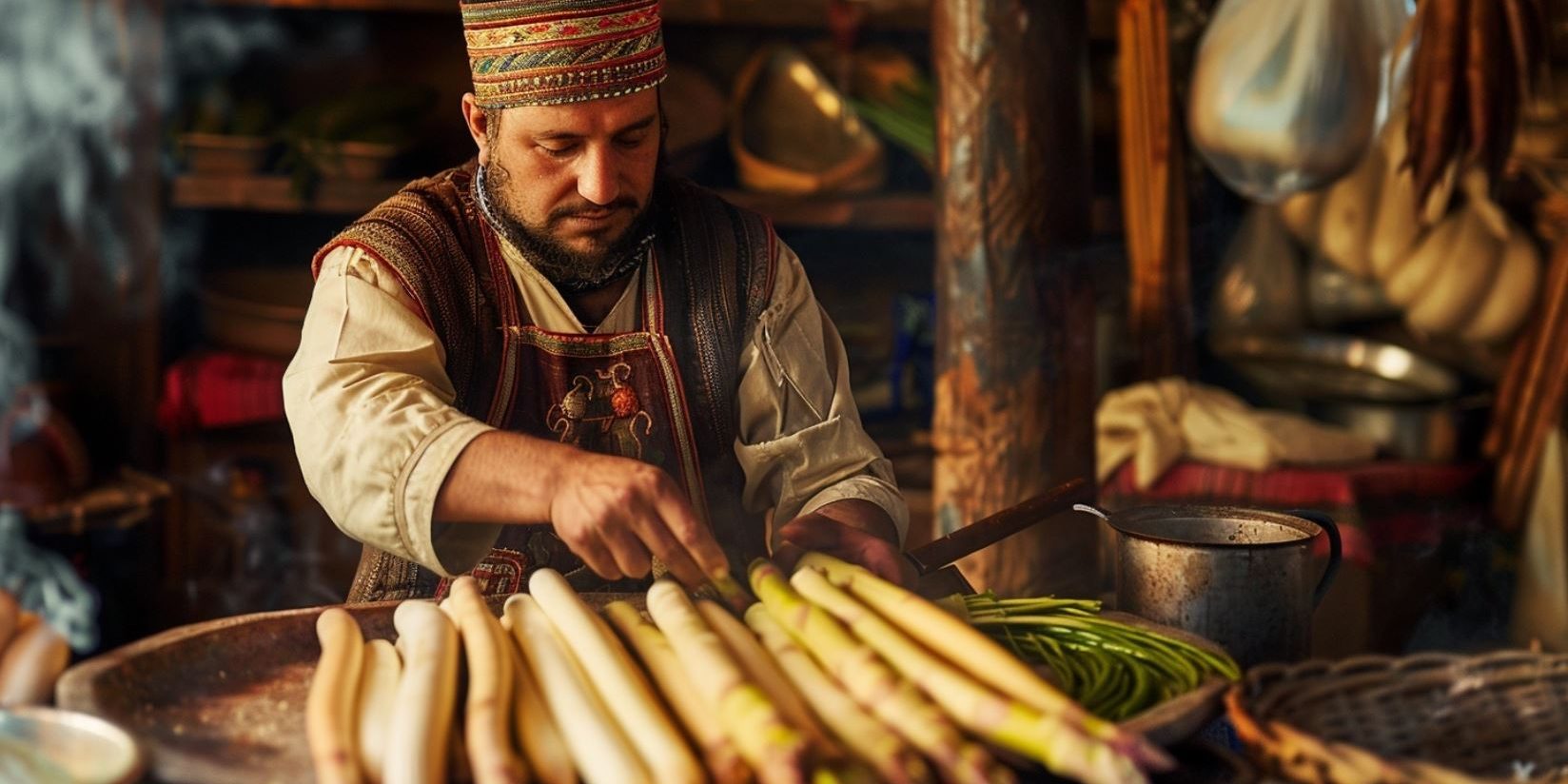 chef kok in traditionele kleding aan het koken