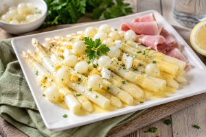 Asperges met romige saus, zilveruitjes, ei en ham geserveerd als klassiek aspergegerecht met moderne twist