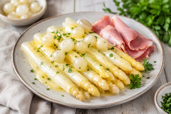 Witte asperges met zilveruitjes, ham en botersaus op een bord geserveerd als klassieke lentemaaltijd